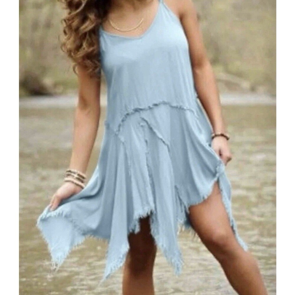 Intimately Free People Tattered Up Blue Handkerchief Mini Slip Dress Womens XS